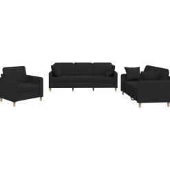 vidaXL 3-tlg. Sofagarnitur mit Kissen Schwarz Stoff