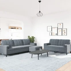 vidaXL 3-tlg. Sofagarnitur mit Kissen und Nackenrollen Dunkelgrau Samt