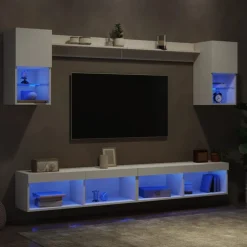 vidaXL 6-tlg. Wohnwand mit LED-Beleuchtung Weiß Holzwerkstoff