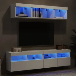 vidaXL 5-tlg. Wohnwand mit LED-Beleuchtung Weiß Holzwerkstoff