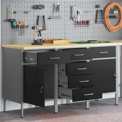 vidaXL Werkbank mit Schubladen 3 pcs Schwarz und Grau 150 x 55 x 85 cm